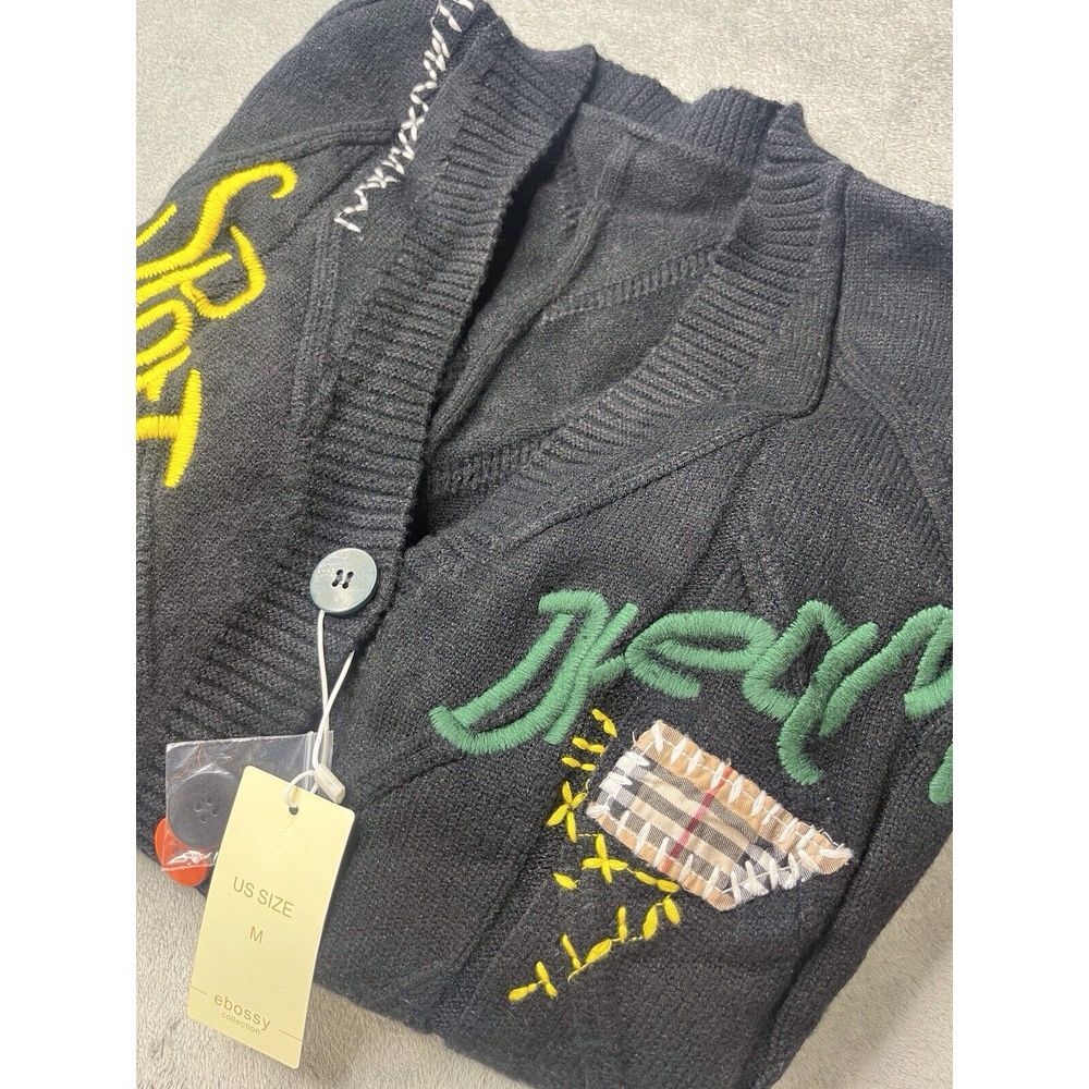 Ebossy‎ Collection Graffiti Patchwork Knit Cardigan Black Size M NWT Streetwear